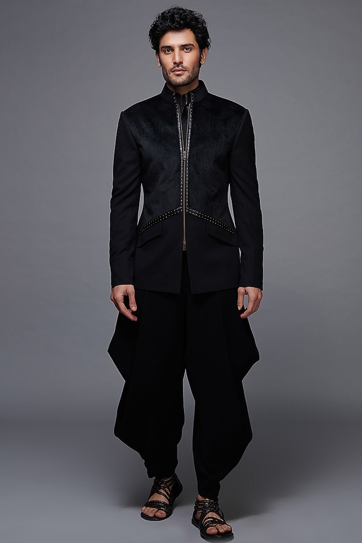 Black Velvet & Poly Blend Wedding Bandhgala Jacket by S&N by Shantnu Nikhil Men at Pernia's Pop Up Shop