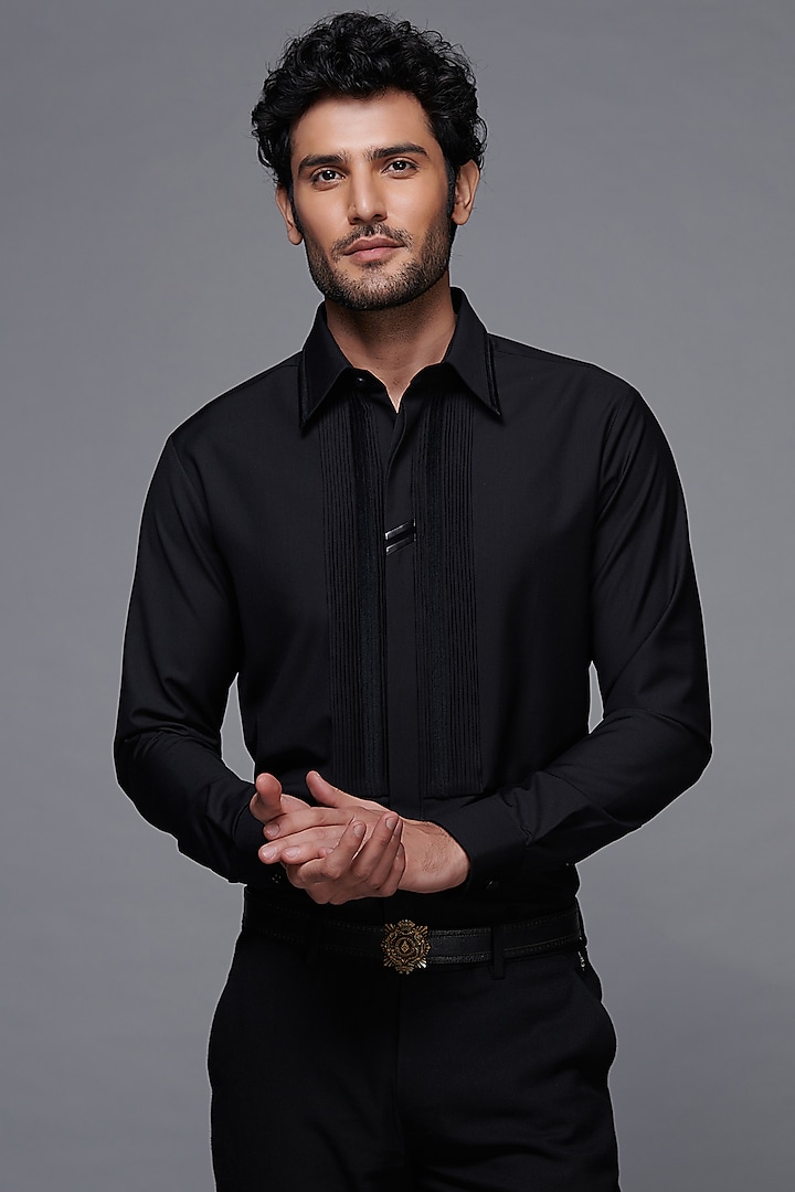 Black Terylene & Velvet Pintuck Shirt by S&N by Shantnu Nikhil Men