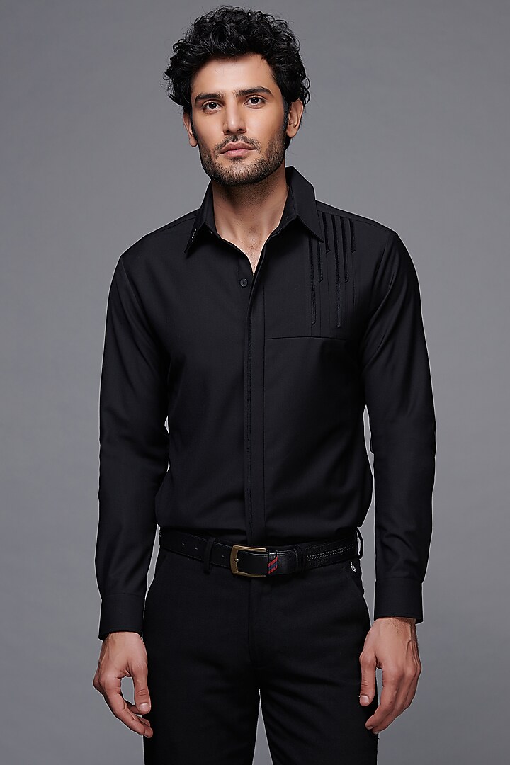 Black Terylene & Velvet Shirt by S&N by Shantnu Nikhil Men at Pernia's Pop Up Shop