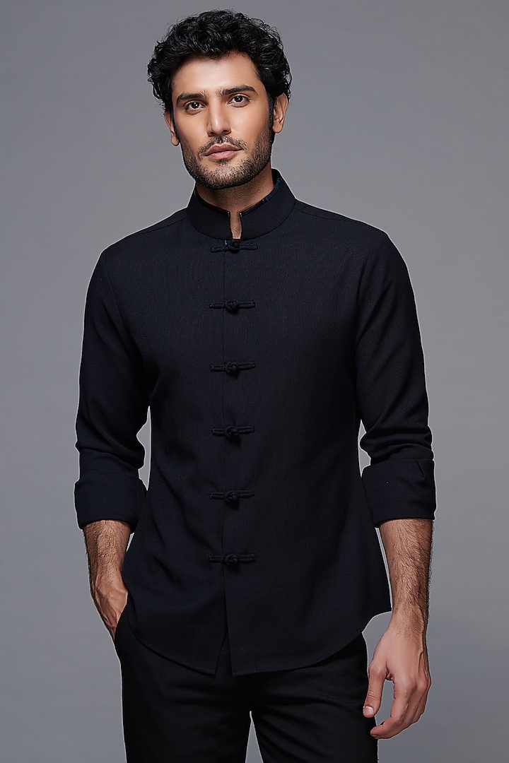 Black Poly Blend & Viscose Wedding Shirt by S&N by Shantnu Nikhil Men at Pernia's Pop Up Shop
