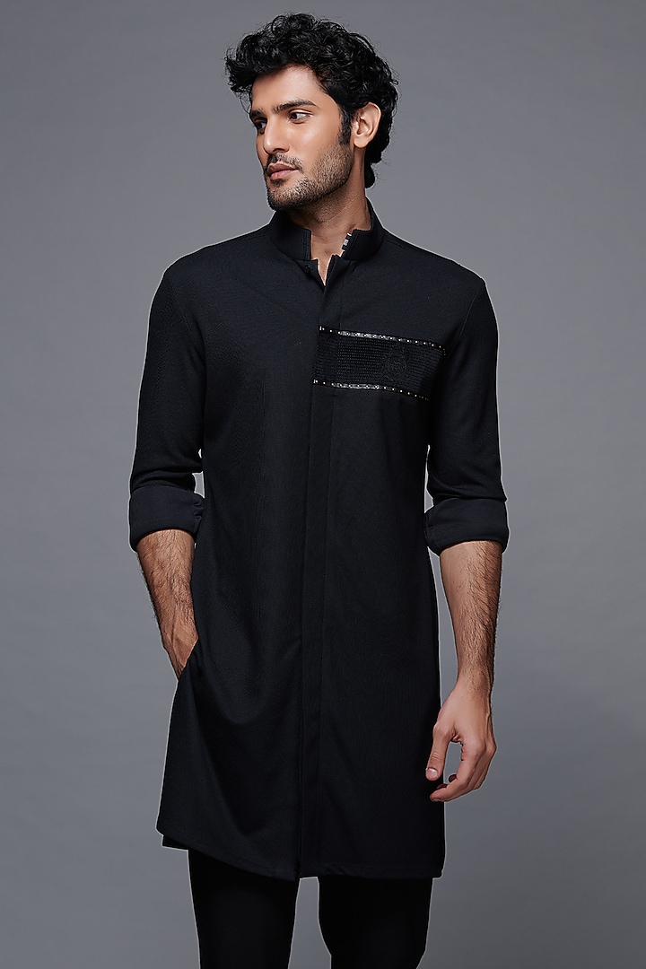 Black Terylene Shirt Kurta by S&N by Shantnu Nikhil Men at Pernia's Pop Up Shop