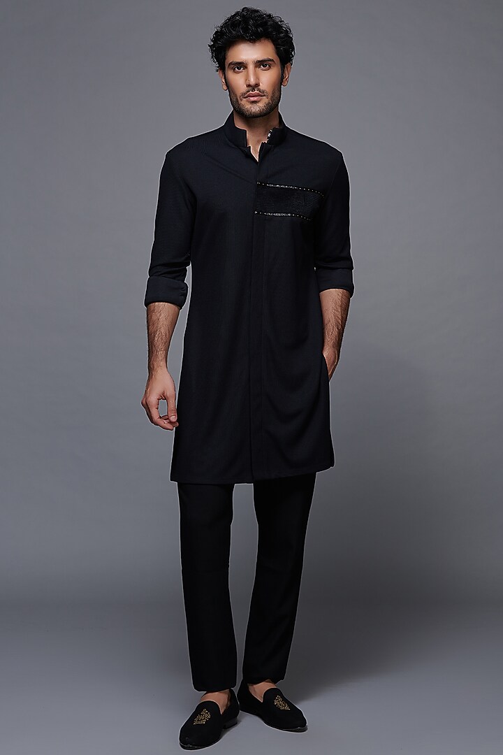 Black Terylene Shirt Kurta by S&N by Shantnu Nikhil Men at Pernia's Pop Up Shop