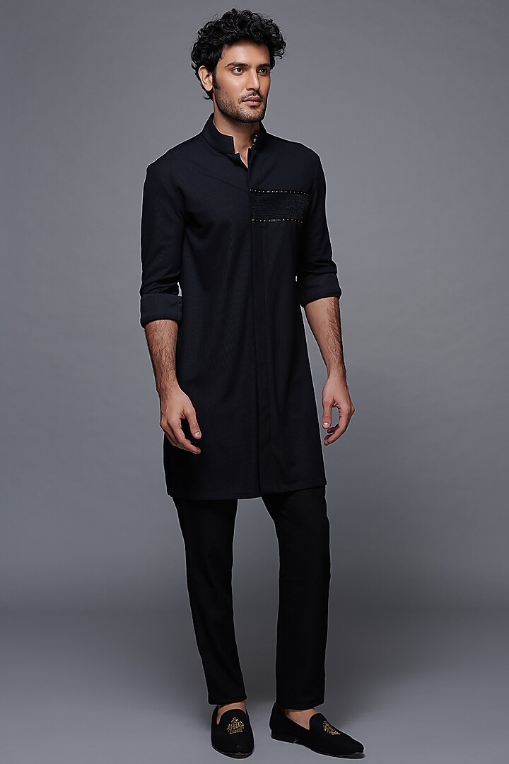 Black Terylene Shirt Kurta by S&N by Shantnu Nikhil Men at Pernia's Pop Up Shop