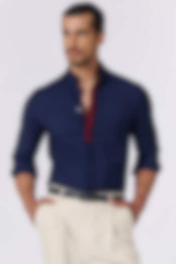 Navy Blue Terylene & Viscose Logo Party Wear Shirt by S&N by Shantnu Nikhil Men at Pernia's Pop Up Shop