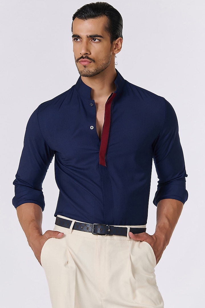 Navy Blue Terylene & Viscose Logo Party Wear Shirt by S&N by Shantnu Nikhil Men at Pernia's Pop Up Shop