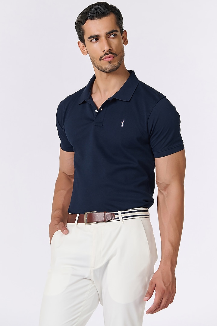 Navy Blue Giza Cotton Polo T-Shirt by S&N by Shantnu Nikhil Men