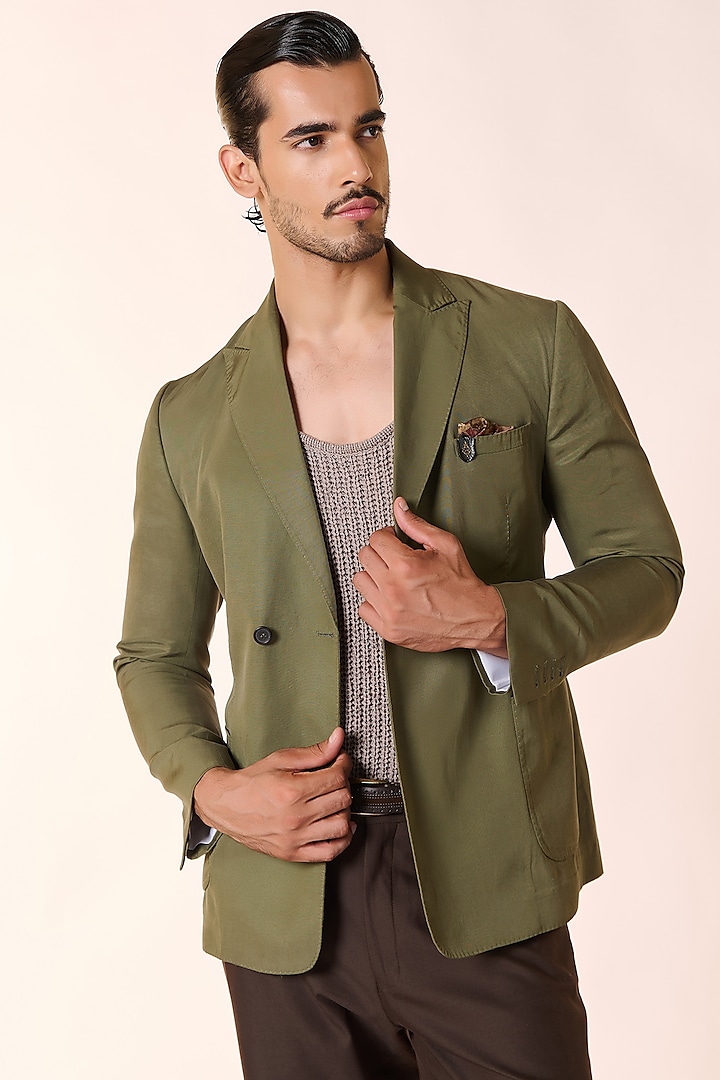 Olive Green Lyocell Jacket by S&N by Shantnu Nikhil Men