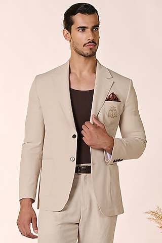 Ecru Rayon & Poly Blend Crested Jacket by S&N by Shantnu Nikhil Men