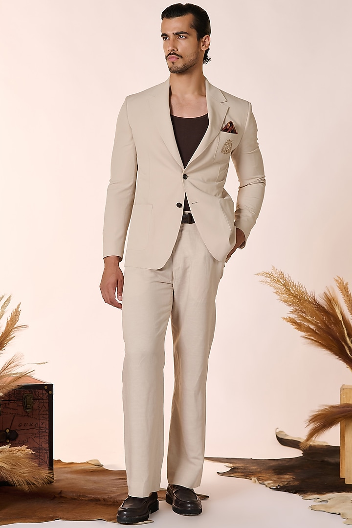 Ecru Rayon & Poly Blend Crested Jacket by S&N by Shantnu Nikhil Men at Pernia's Pop Up Shop