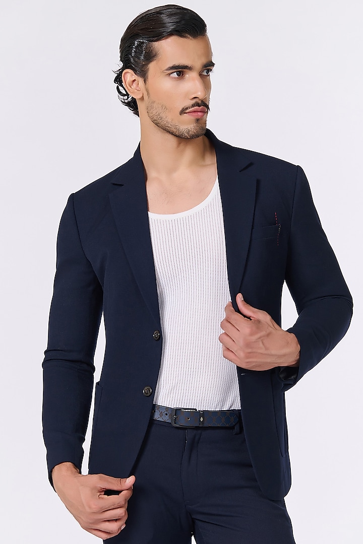 Navy Blue Poly Blend Knitted Jacket by S&N by Shantnu Nikhil Men