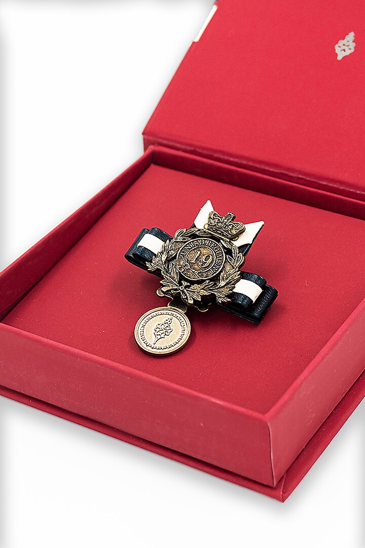Black Faux Leather Adamas Coin Crested Brooch by S&N by Shantnu Nikhil Men at Pernia's Pop Up Shop