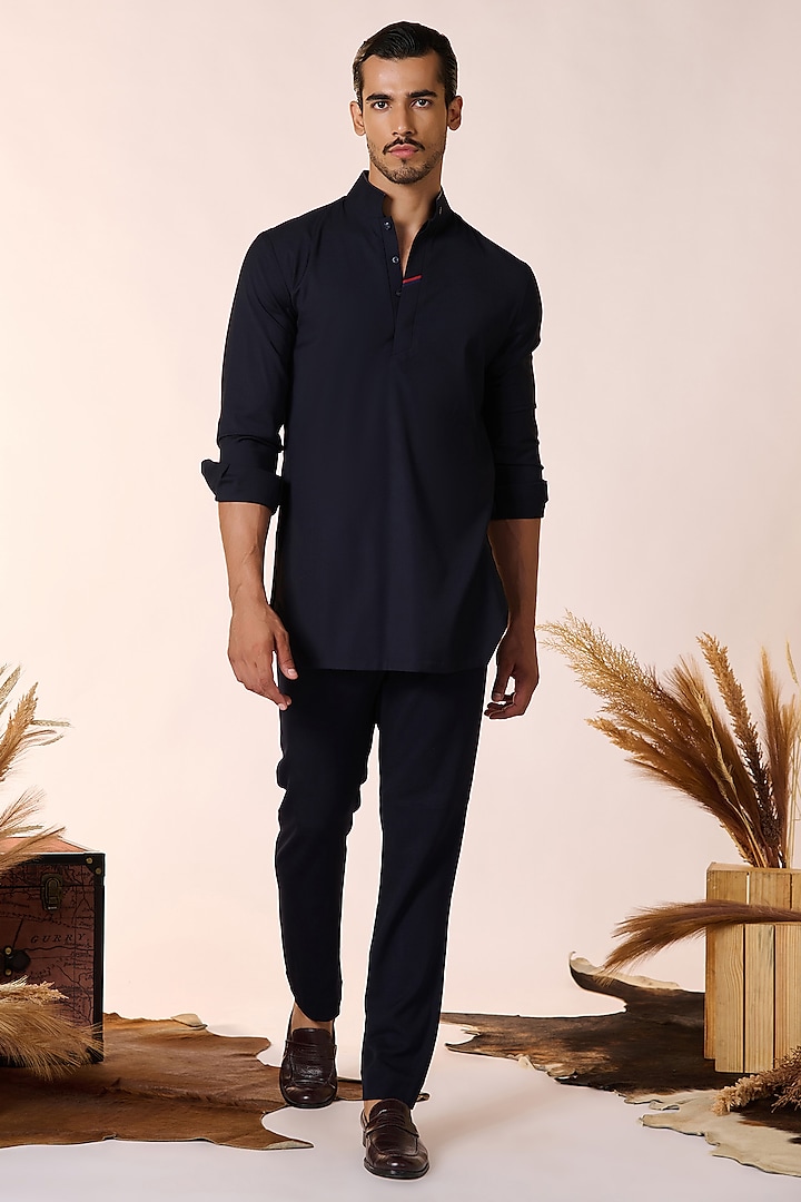 Navy Blue Rayon & Terylene Kurta by S&N by Shantnu Nikhil Men at Pernia's Pop Up Shop