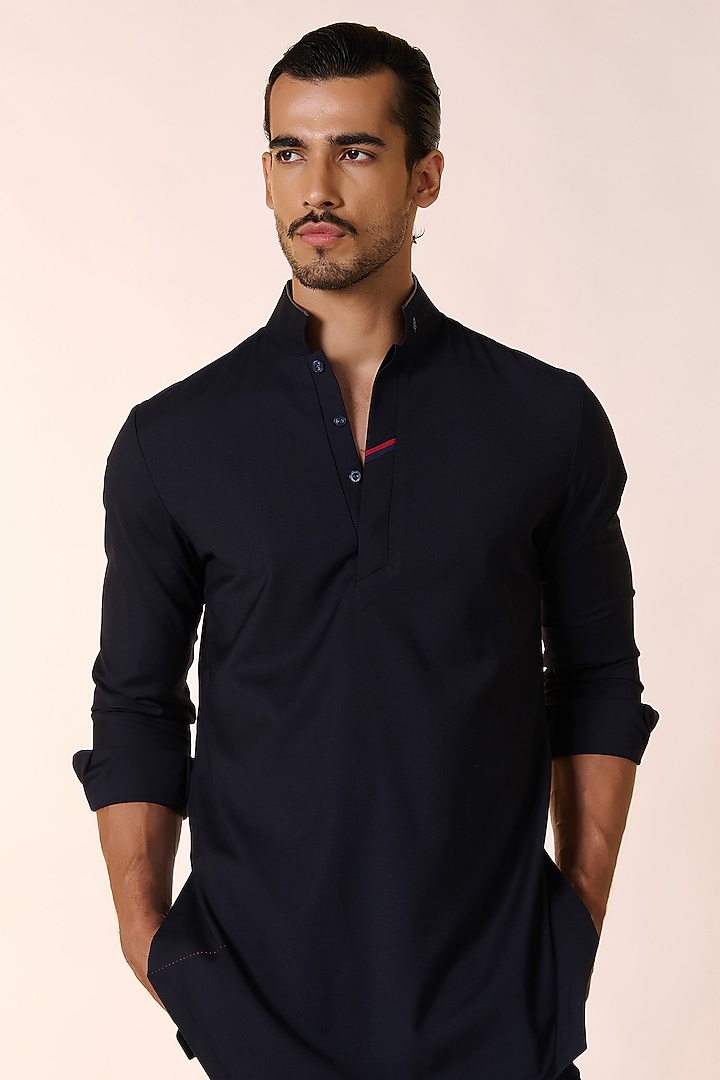 Navy Blue Rayon & Terylene Kurta by S&N by Shantnu Nikhil Men at Pernia's Pop Up Shop