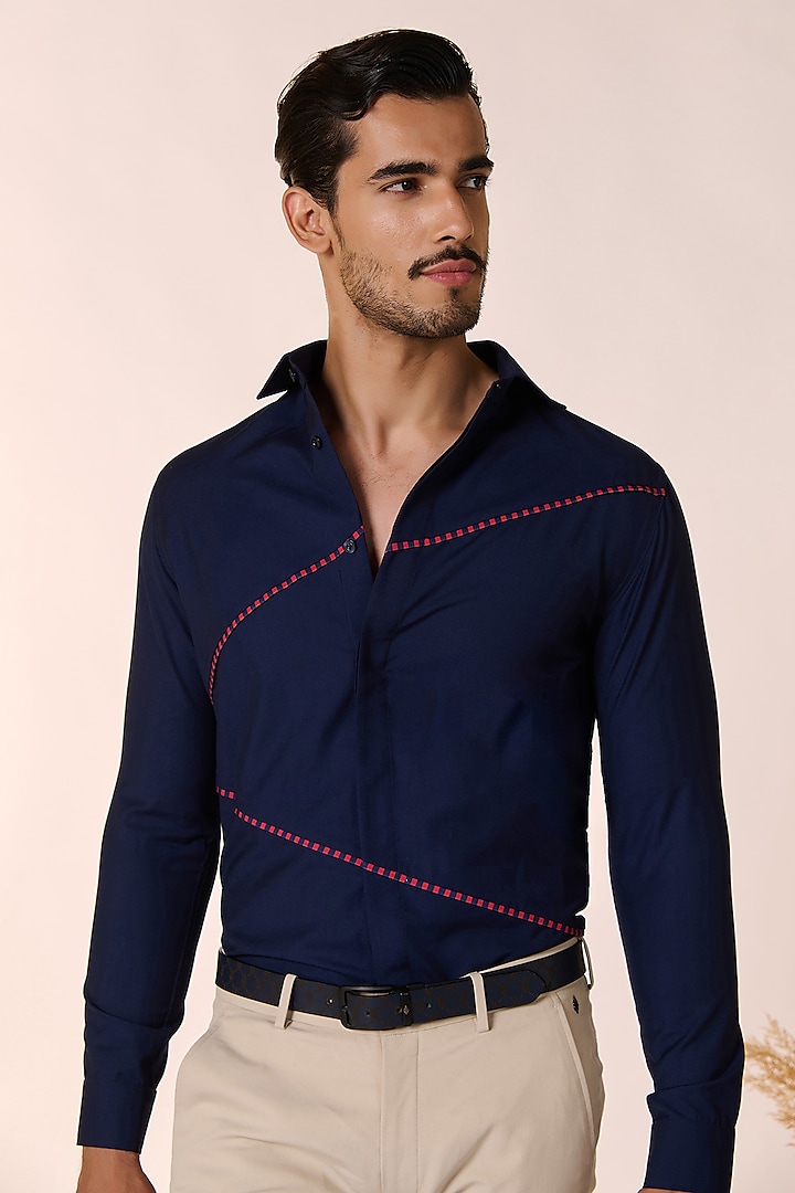 Navy Blue Rayon & Terylene Shirt by S&N by Shantnu Nikhil Men