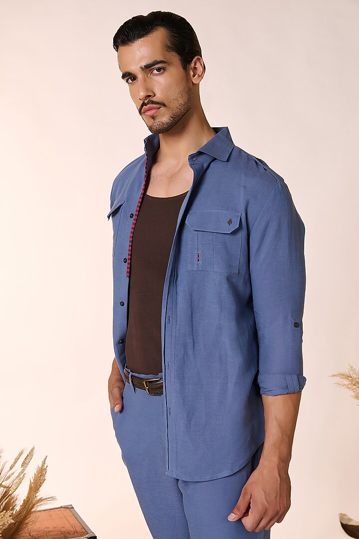 Denim Navy Blue Rayon & Linen Wedding Shirt by S&N by Shantnu Nikhil Men at Pernia's Pop Up Shop