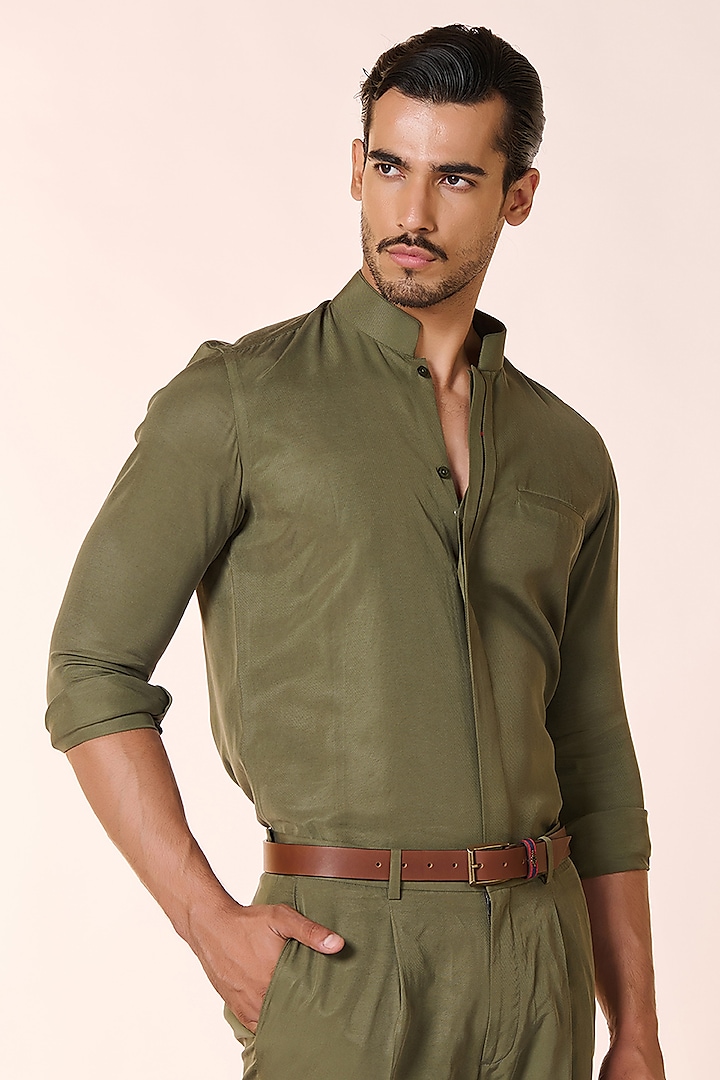 Olive Green Lyocell Shirt by S&N by Shantnu Nikhil Men