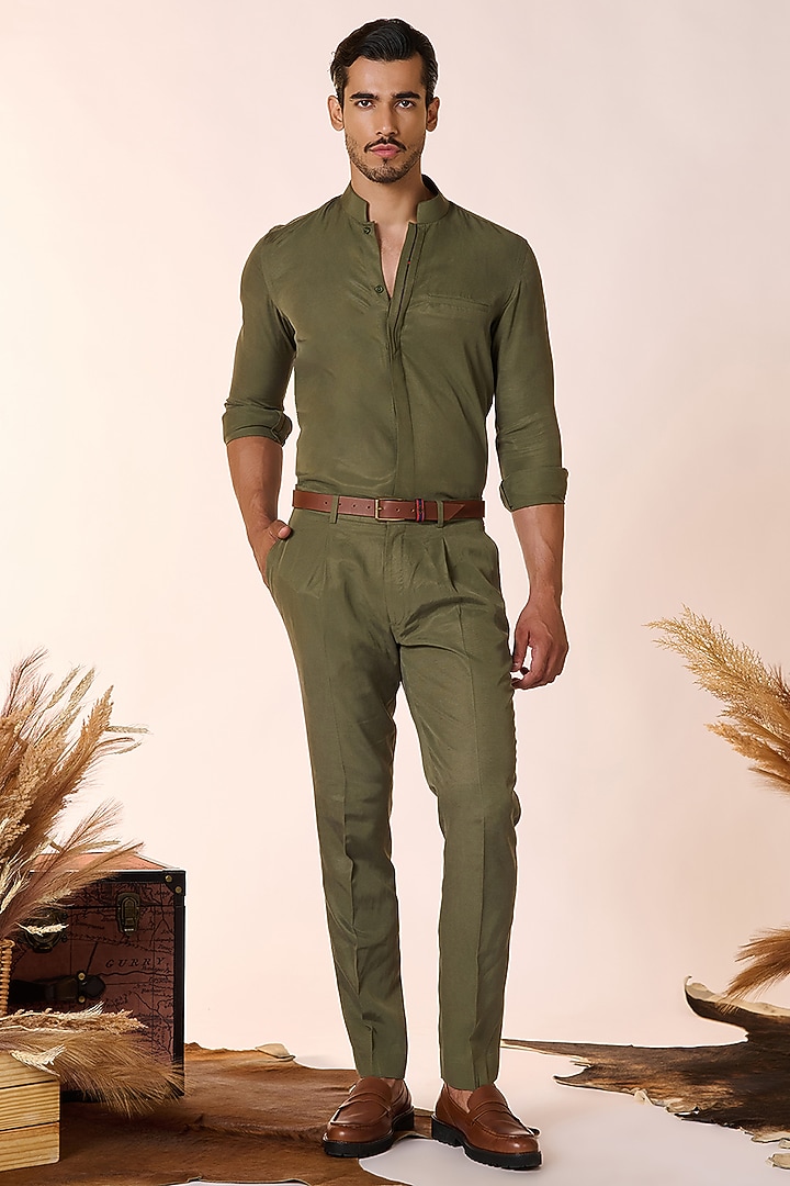 Olive Green Lyocell Wedding Shirt by S&N by Shantnu Nikhil Men at Pernia's Pop Up Shop