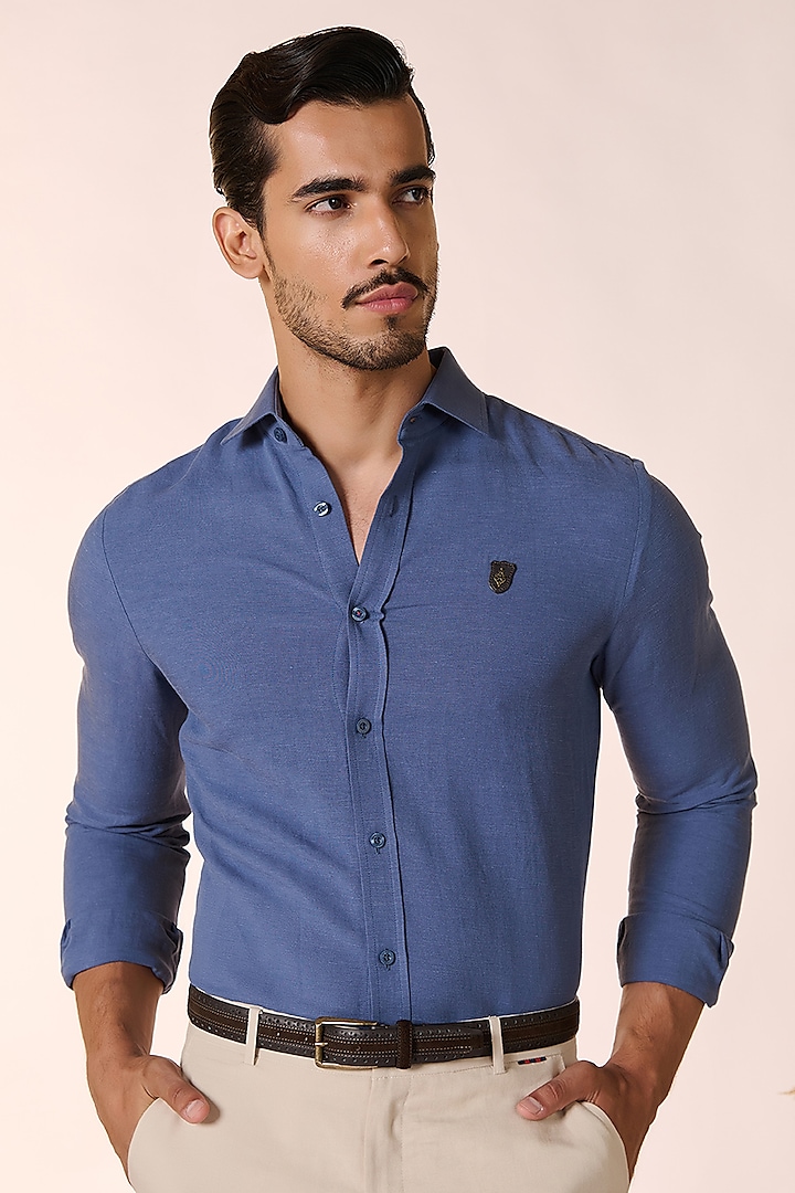 Navy Blue Linen Shirt by S&N by Shantnu Nikhil Men