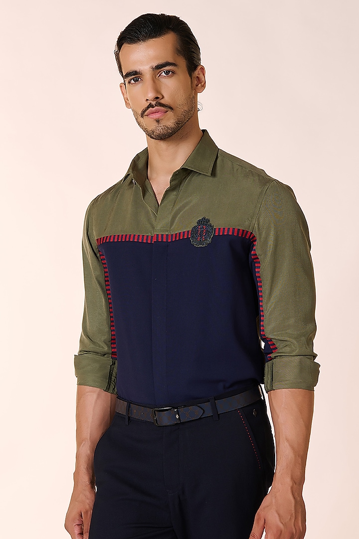 Navy Blue & Military Green Viscose Color Blocked Shirt by S&N by Shantnu Nikhil Men at Pernia's Pop Up Shop