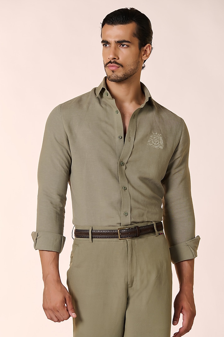 Sage Green Rayon & Linen Embroidered Shirt by S&N by Shantnu Nikhil Men