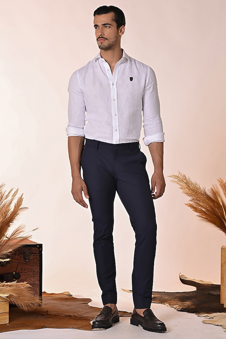 Navy Blue Knitted Fabric Trousers by S&N by Shantnu Nikhil Men