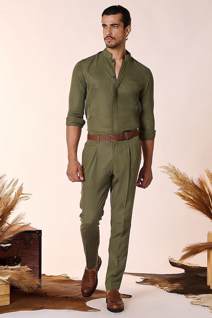 Olive Green Lyocell Trousers by S&N by Shantnu Nikhil Men