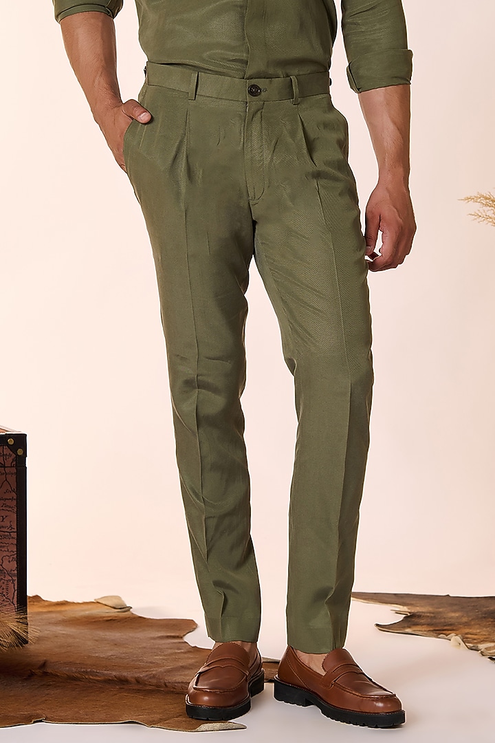 Olive Green Lyocell Trousers by S&N by Shantnu Nikhil Men at Pernia's Pop Up Shop