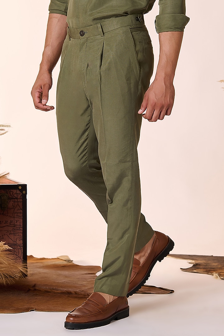 Olive Green Lyocell Trousers by S&N by Shantnu Nikhil Men at Pernia's Pop Up Shop