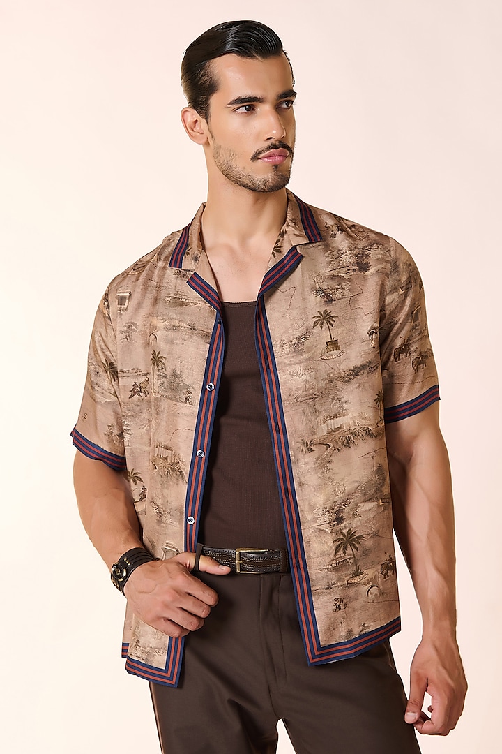 Beige Silk Twill Printed Shirt by S&N by Shantnu Nikhil Men