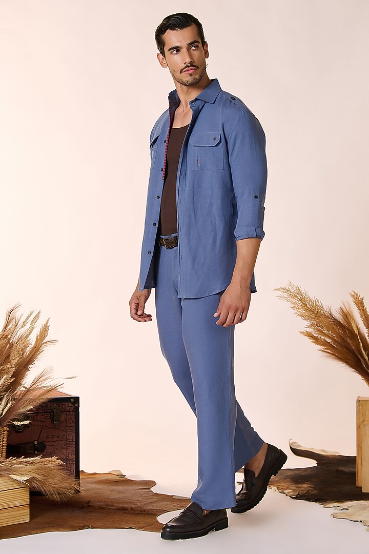 Navy Blue Linen & Cotton Trousers by S&N by Shantnu Nikhil Men at Pernia's Pop Up Shop