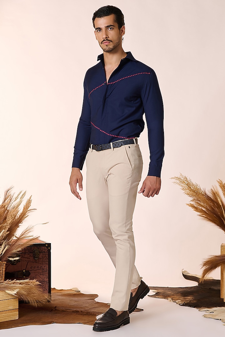 Ecru Poly Blend & Rayon Trousers by S&N by Shantnu Nikhil Men