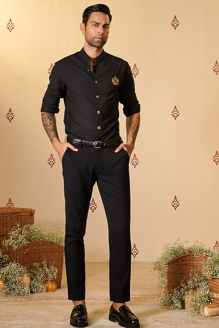 Black Rayon Blend Suiting Wedding Shirt by S&N by Shantnu Nikhil Men at Pernia's Pop Up Shop
