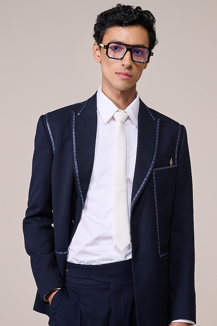 Navy Rayon Brushed Suiting Blend Blazer by S&N by Shantnu Nikhil Men at Pernia's Pop Up Shop