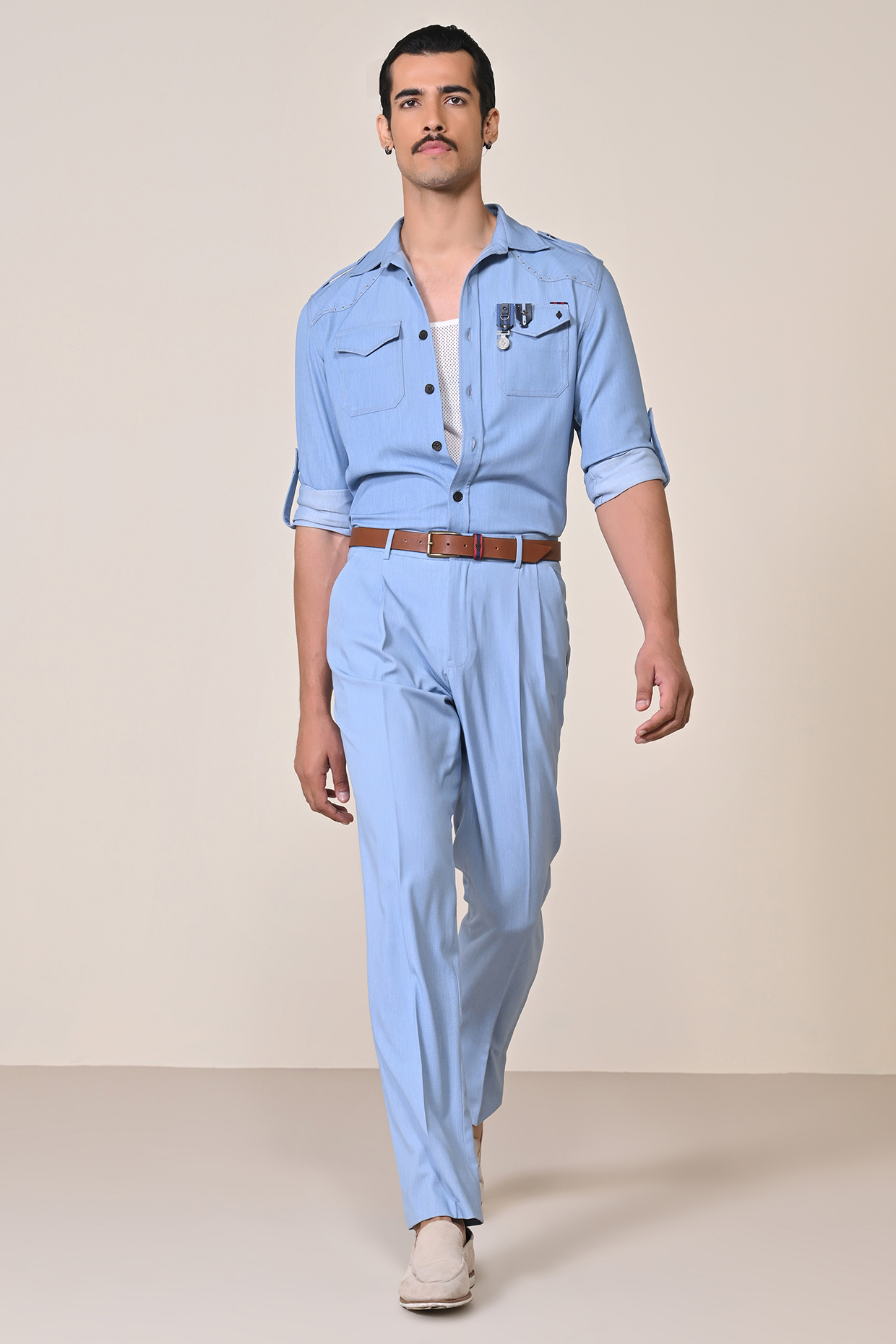 Light Denim Terylene Viscose Spandex Blend Utility Jacket by S&N by Shantnu Nikhil Men