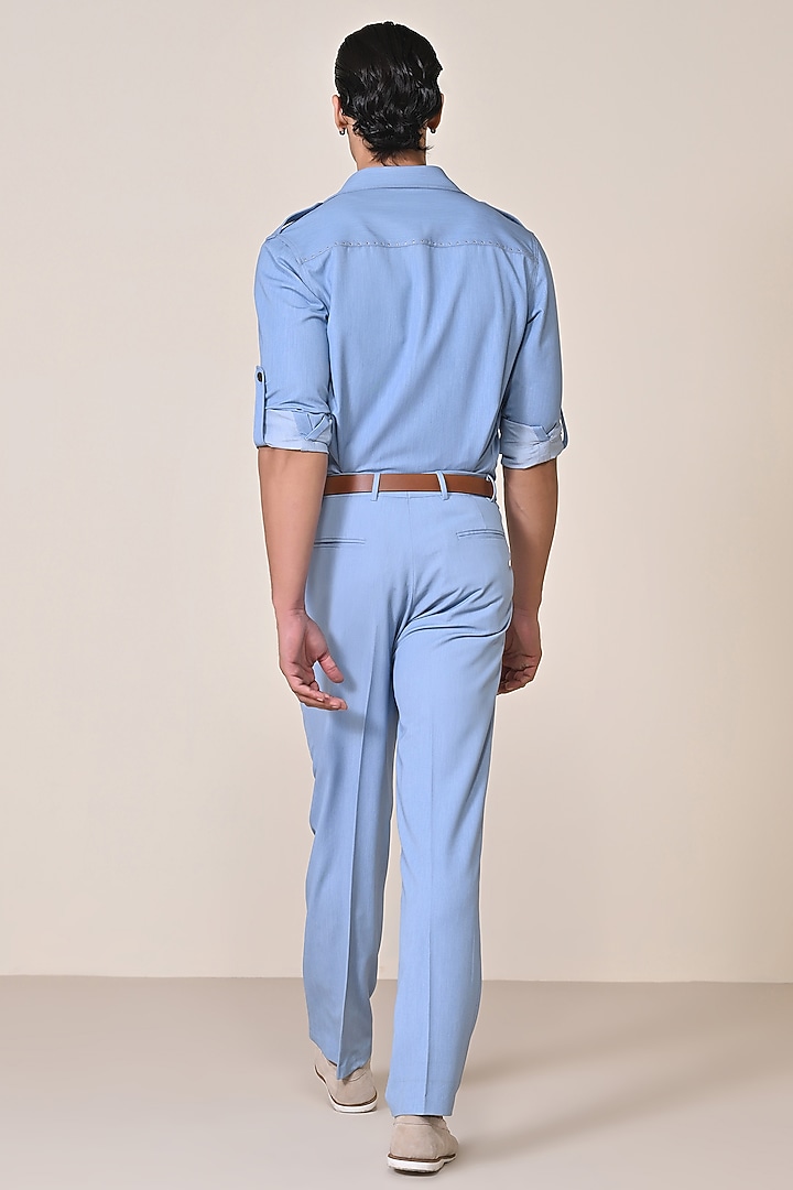 Light Denim Terylene Viscose Spandex Blend Utility Jacket by S&N by Shantnu Nikhil Men at Pernia's Pop Up Shop