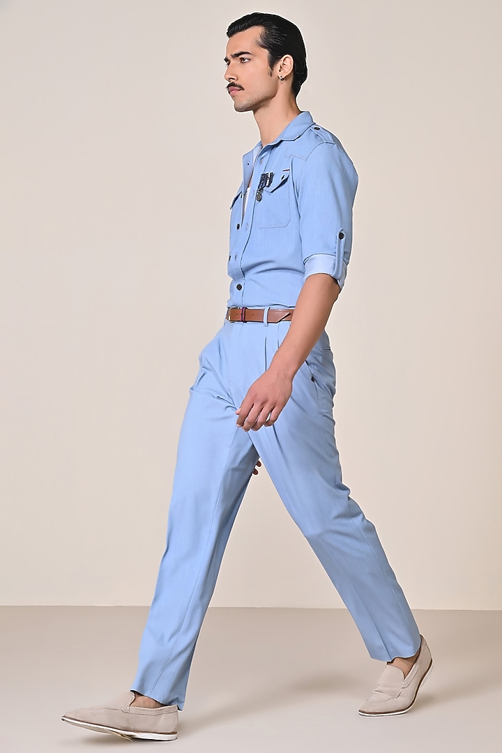 Light Denim Terylene Viscose Spandex Blend Utility Jacket by S&N by Shantnu Nikhil Men at Pernia's Pop Up Shop
