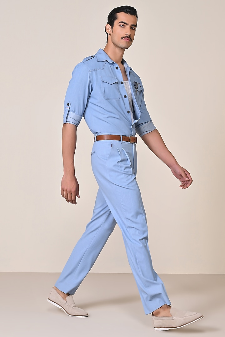 Light Denim Terylene Viscose Spandex Blend Utility Jacket by S&N by Shantnu Nikhil Men at Pernia's Pop Up Shop