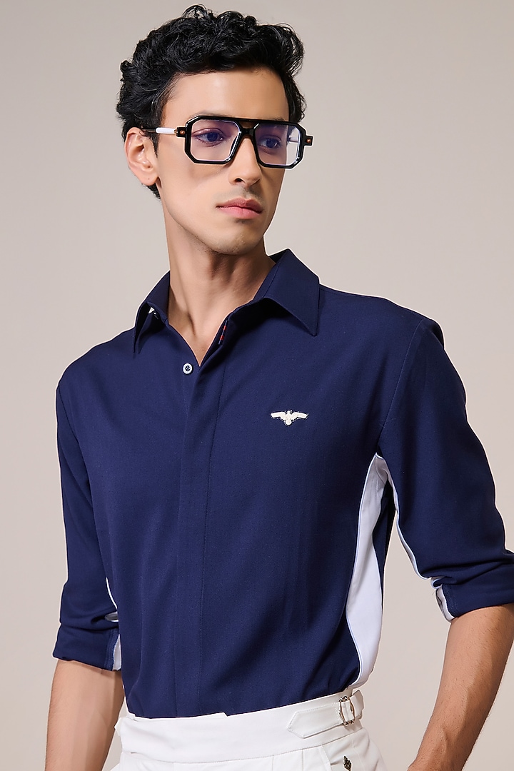 Navy Brushed Rayon Suiting Blend Wedding Shirt by S&N by Shantnu Nikhil Men at Pernia's Pop Up Shop