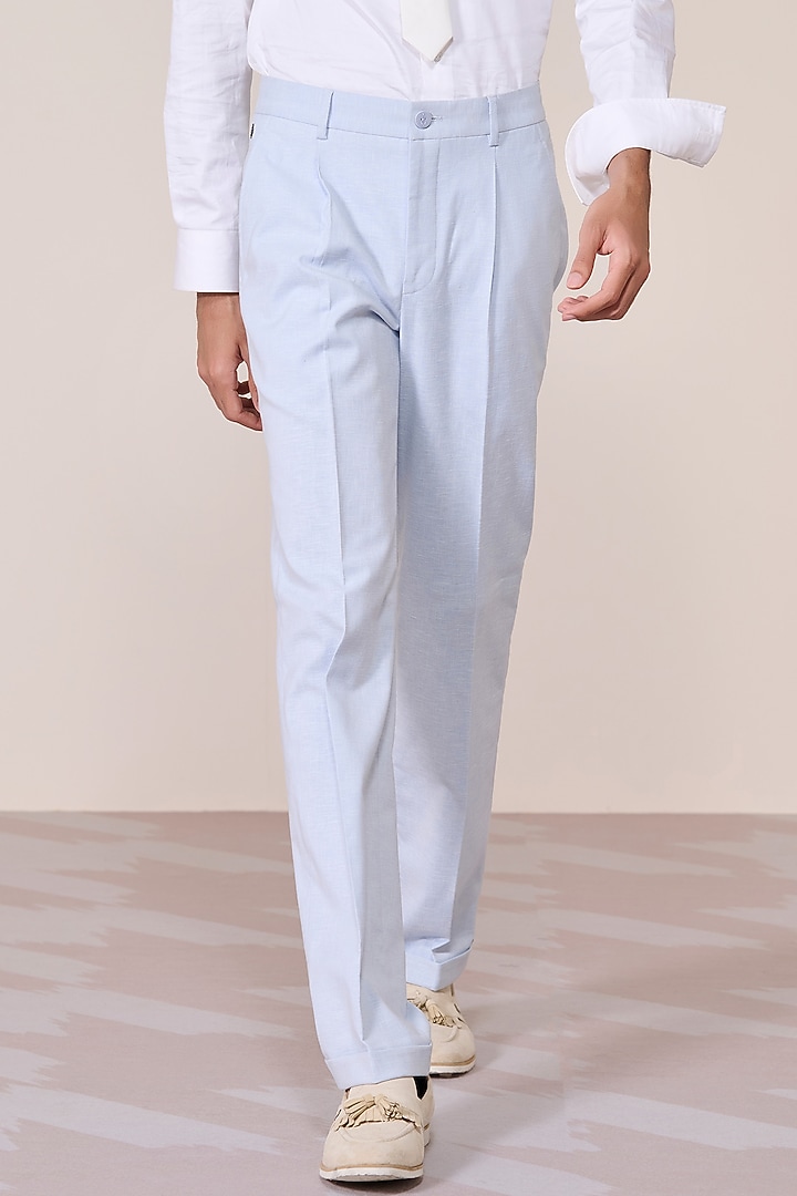Light Blue Linen Blend Trousers by S&N by Shantnu Nikhil Men at Pernia's Pop Up Shop