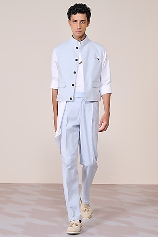 Light Blue Linen Blend Waistcoat by S&N by Shantnu Nikhil Men