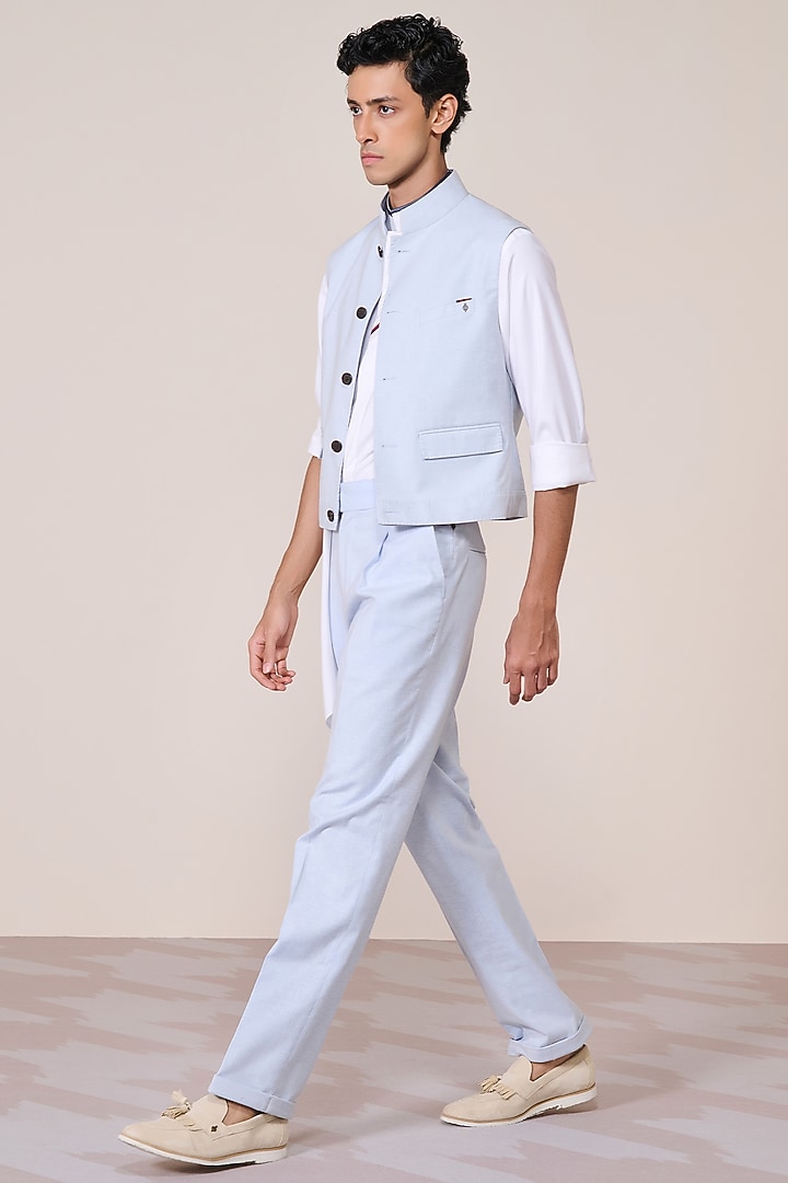 Light Blue Linen Blend Waistcoat by S&N by Shantnu Nikhil Men at Pernia's Pop Up Shop