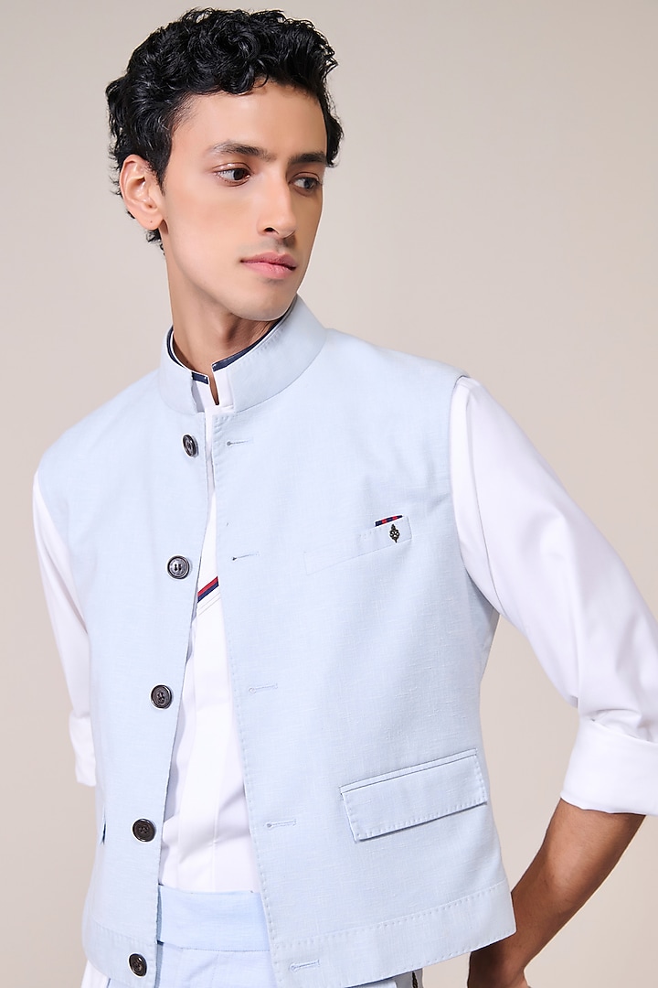 Light Blue Linen Blend Waistcoat by S&N by Shantnu Nikhil Men at Pernia's Pop Up Shop