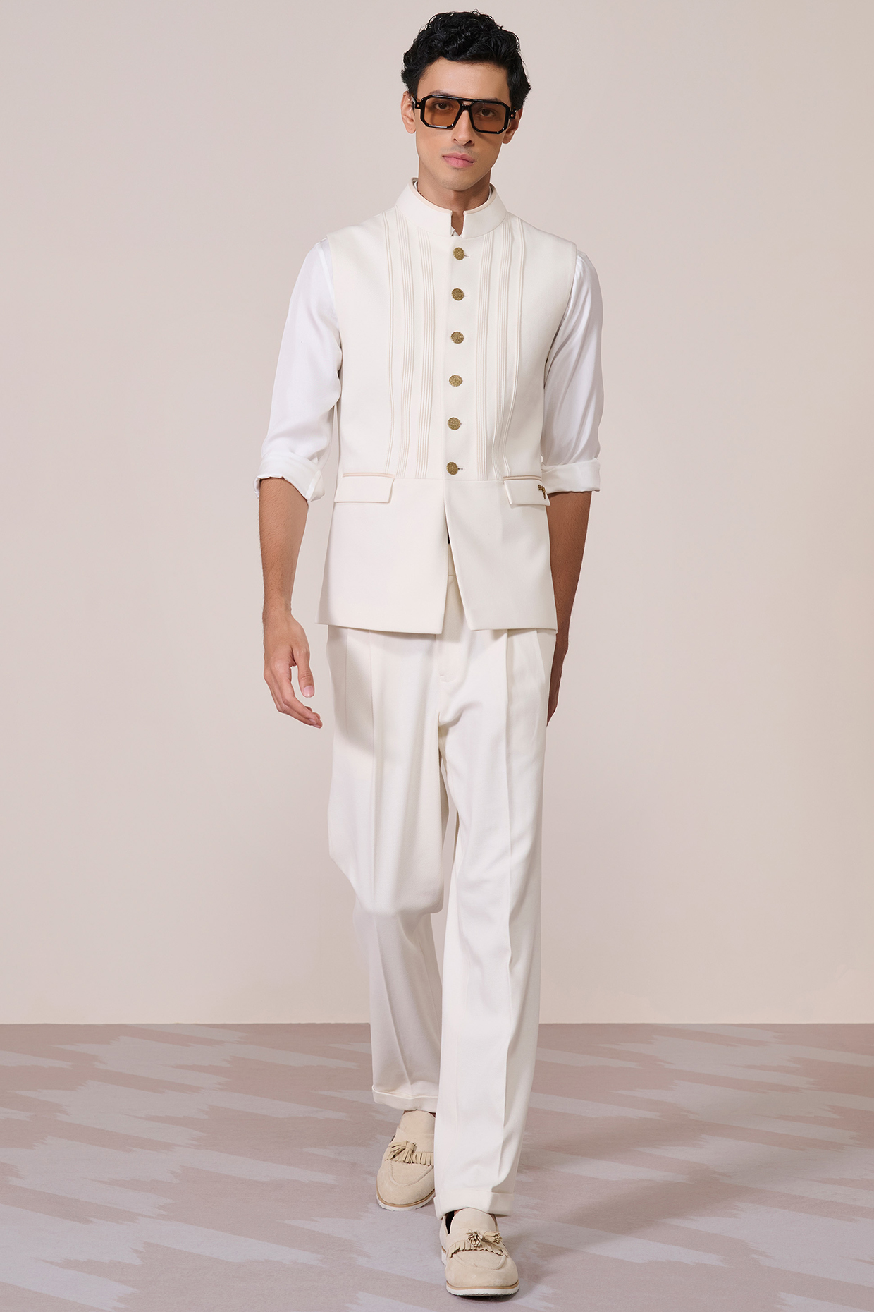 Off-White Knitted Suiting Twill Silk Waistcoat by S&N by Shantnu Nikhil Men