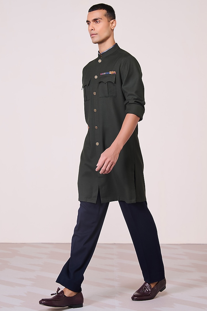 Military Green Tencel Rayon Spandex Kurta by S&N by Shantnu Nikhil Men at Pernia's Pop Up Shop