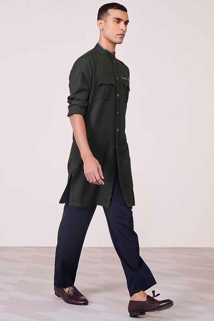 Military Green Tencel Rayon Spandex Kurta by S&N by Shantnu Nikhil Men at Pernia's Pop Up Shop