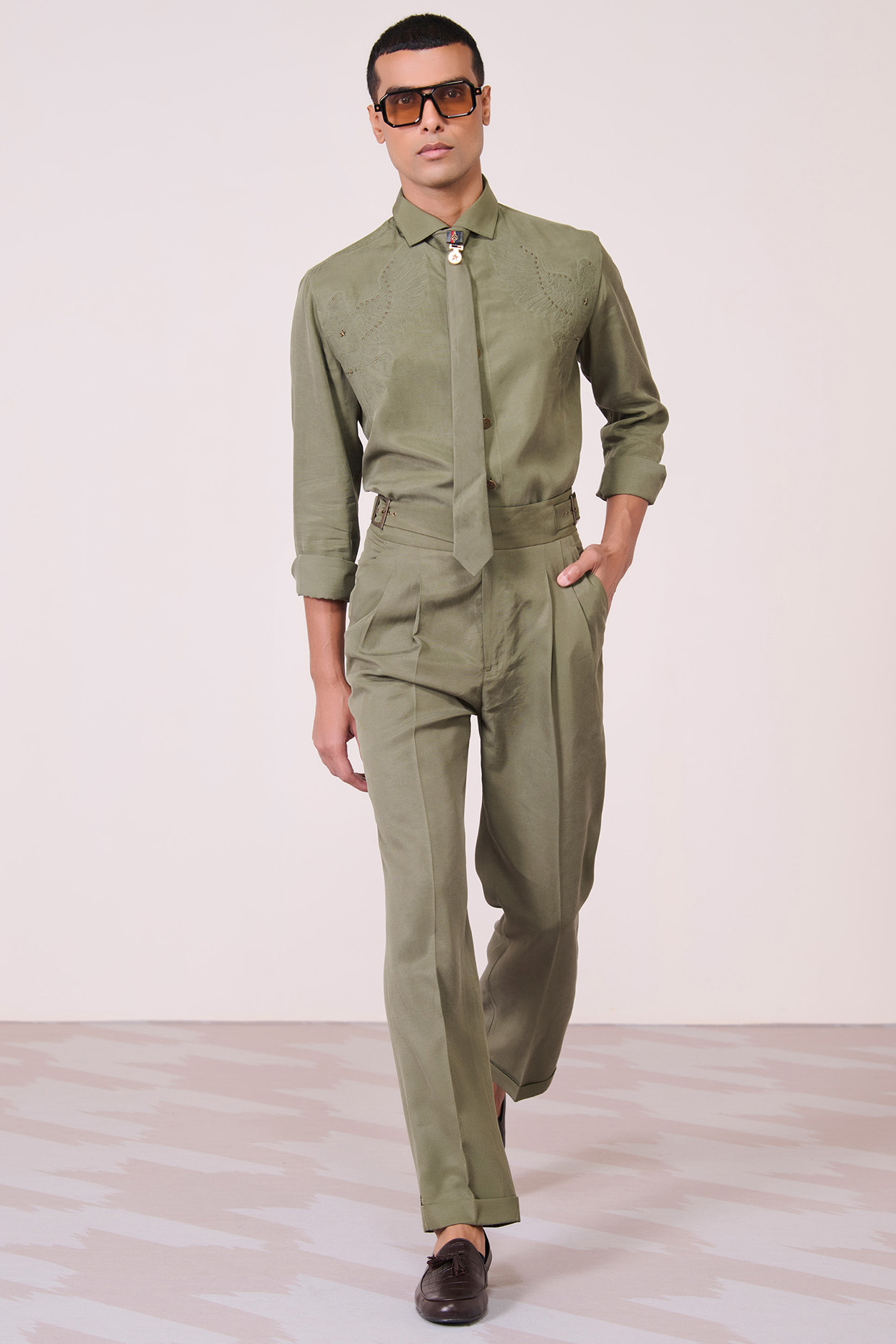 Olive Lyocell Linen Machine Embroidered Shirt by S&N by Shantnu Nikhil Men