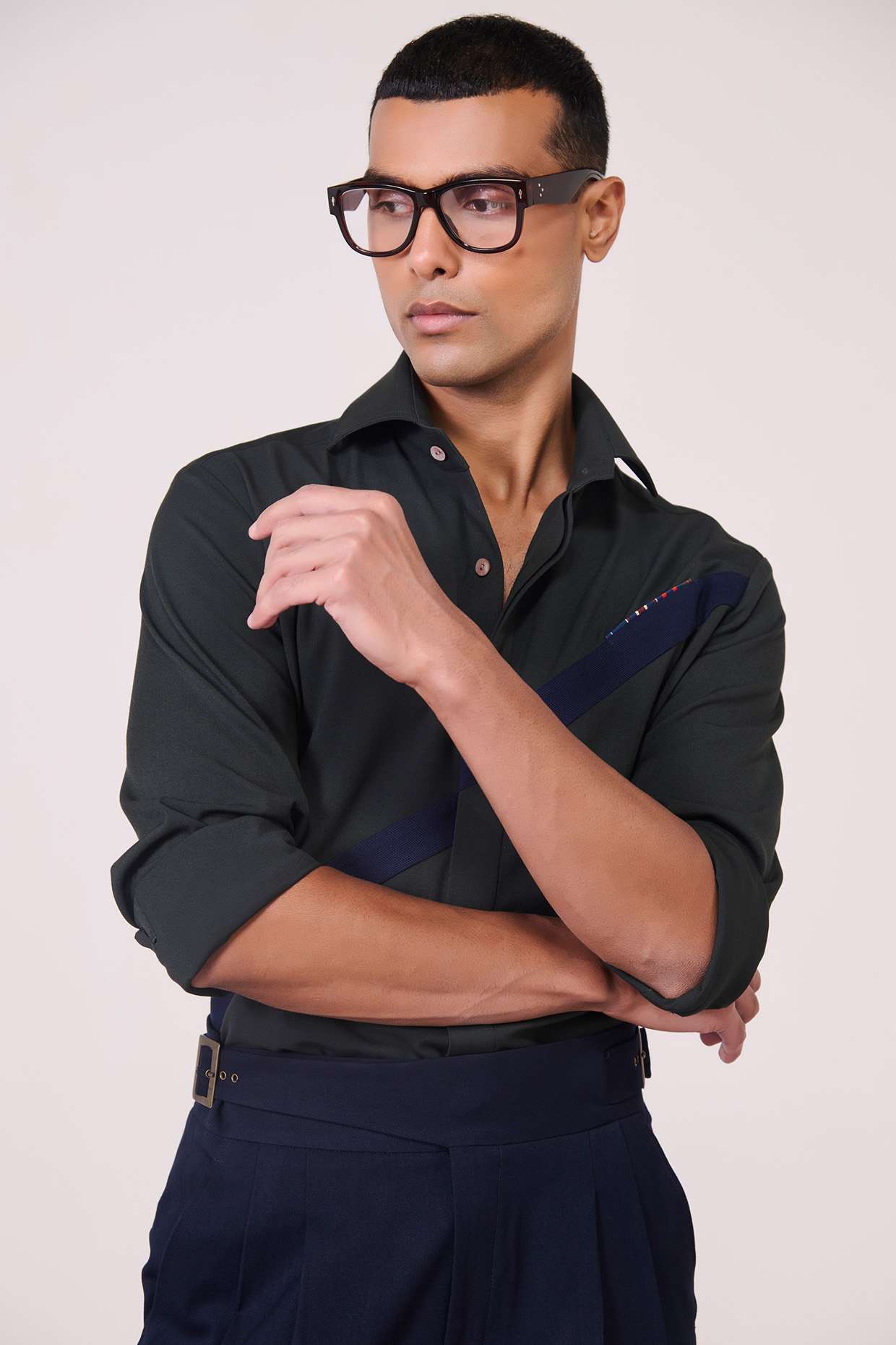 Military Green & Navy Color-Block Tencel Rayon Spandex Shirt by S&N by Shantnu Nikhil Men