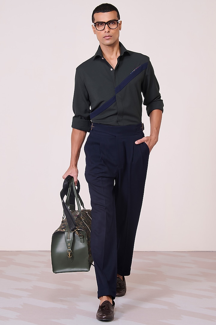 Military Green & Navy Color-Block Tencel Rayon Spandex Wedding Shirt by S&N by Shantnu Nikhil Men at Pernia's Pop Up Shop