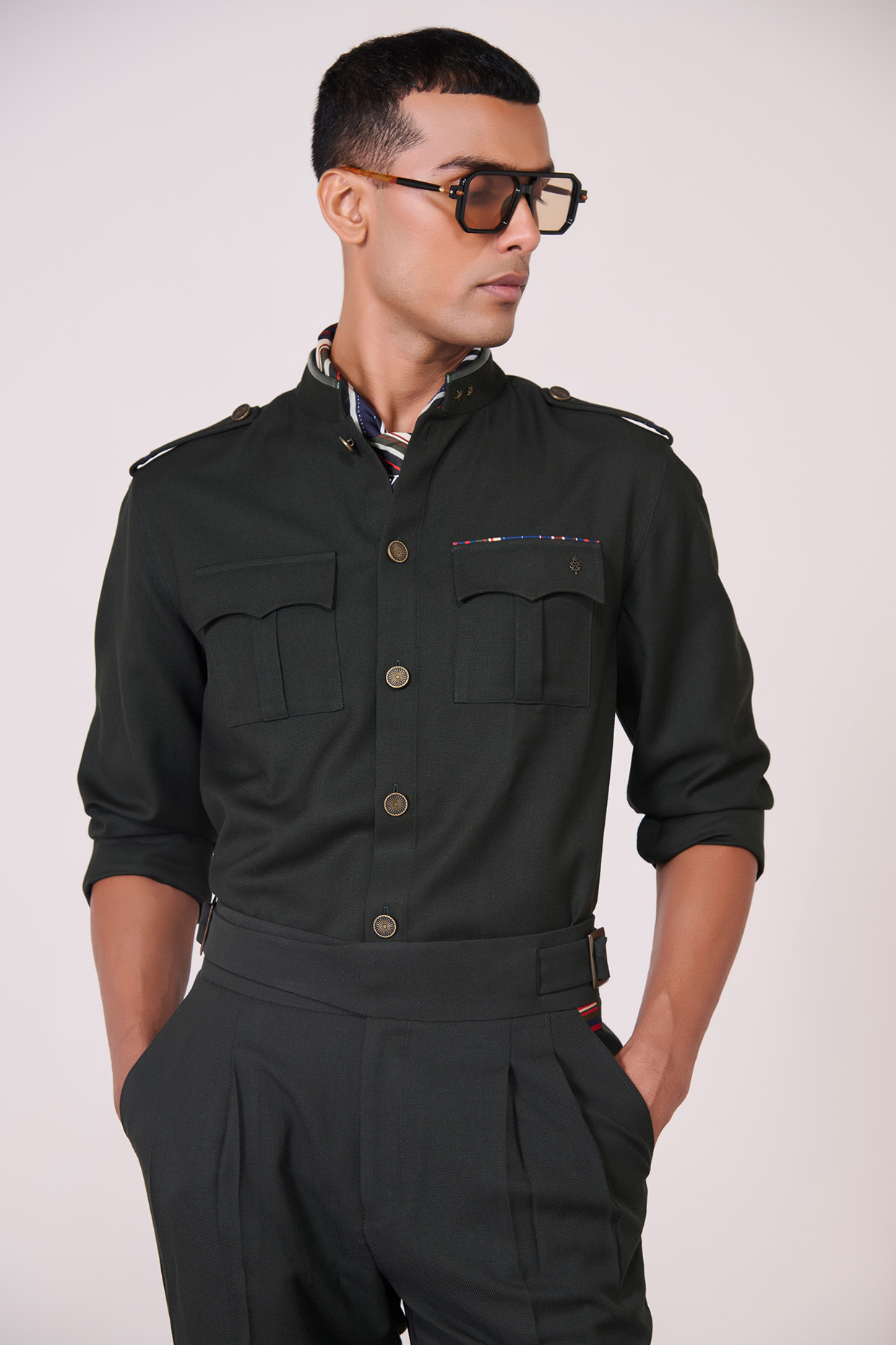 Military Green Tencel Rayon Spandex Shirt by S&N by Shantnu Nikhil Men