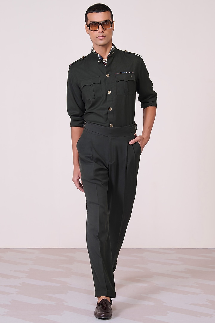 Military Green Tencel Rayon Spandex Wedding Shirt by S&N by Shantnu Nikhil Men at Pernia's Pop Up Shop